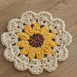 May include: A handmade crochet coaster in the shape of a sunflower. The coaster features a brown center, yellow petals, and a cream-colored scalloped edge. The coaster is made of yarn and is sitting on a wooden surface.