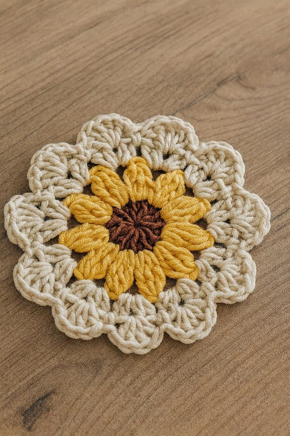 Handmade Sunflower Crochet Coaster Set – 6-Piece Drink Coasters, Boho Kitchen Decor, Gift for Her