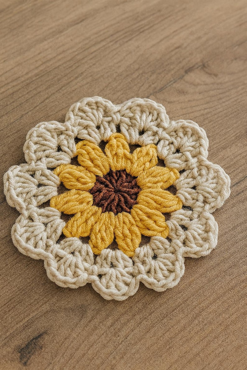 May include: A handmade crochet coaster in the shape of a sunflower. The coaster features a brown center, yellow petals, and a cream-colored scalloped edge. The coaster is made of yarn and is sitting on a wooden surface.