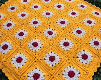 Crochet Daisy Granny Square Blanket and Pillow – Handmade Cotton Blend Throw