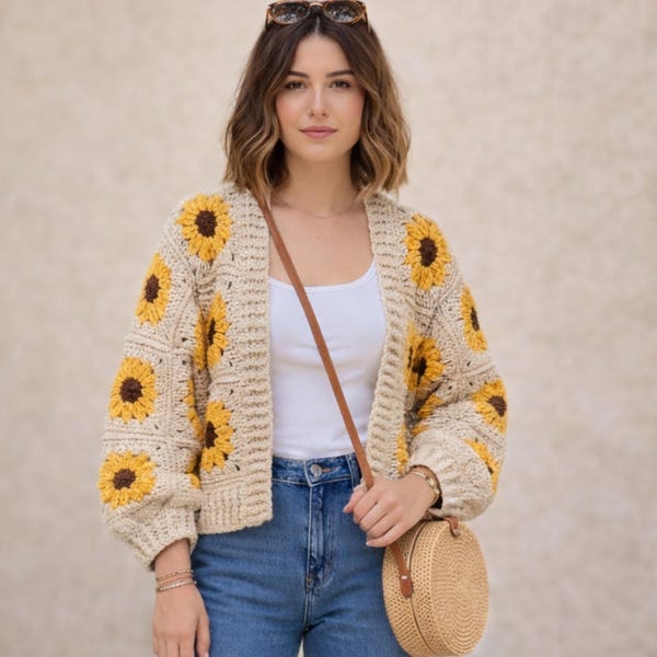 Handmade Crochet Sunflower Cardigan - Boho Floral Sweater, Eco-Friendly Cotton, Cozy Spring Festival Fashion