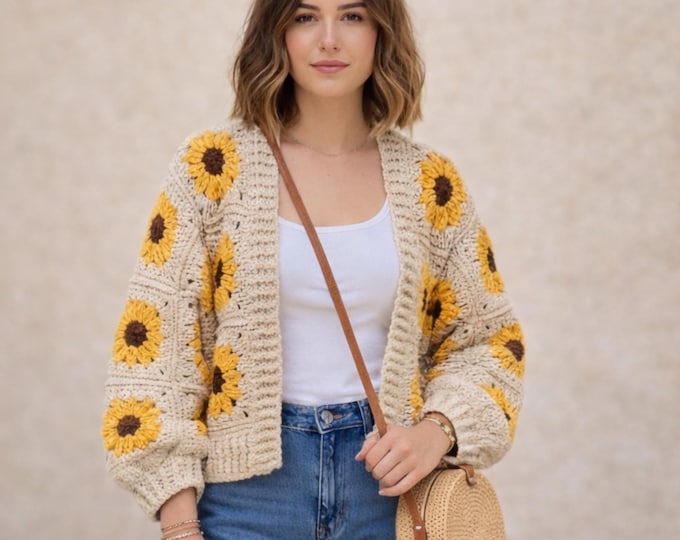 Handmade Crochet Sunflower Cardigan - Boho Floral Sweater, Eco-Friendly Cotton, Cozy Spring Festival Fashion