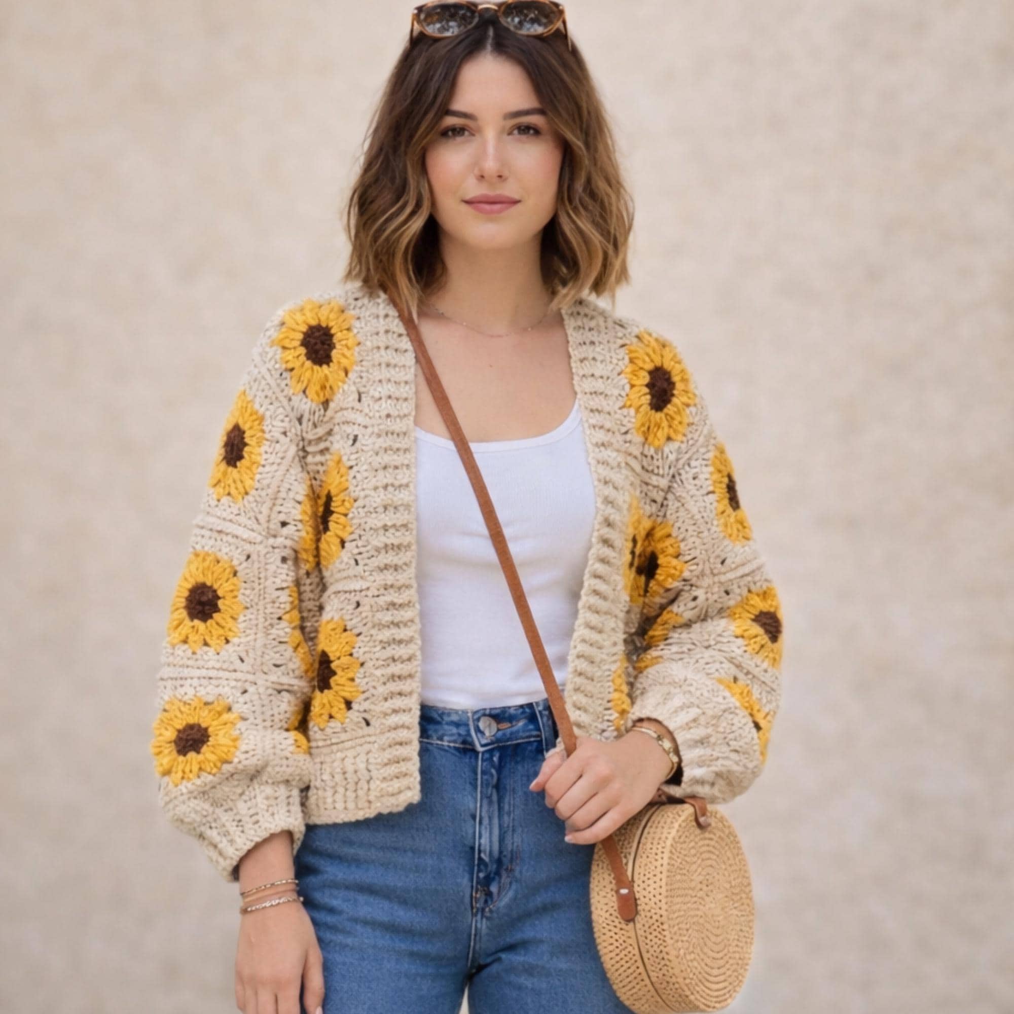 Handmade Crochet Sunflower Cardigan - Boho Floral Sweater, Eco