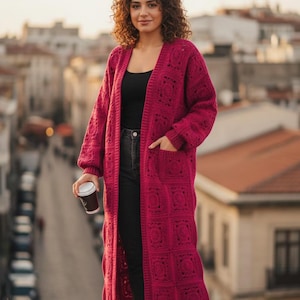 Handmade Ruby Red Crochet Granny Square Maxi Cardigan