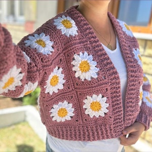 Handmade Rose Pink Crochet Cardigan: Boho Daisy Knit Sweater