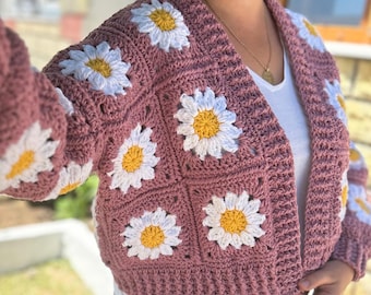 Handmade Rose Pink Crochet Cardigan: Boho Daisy Knit Sweater