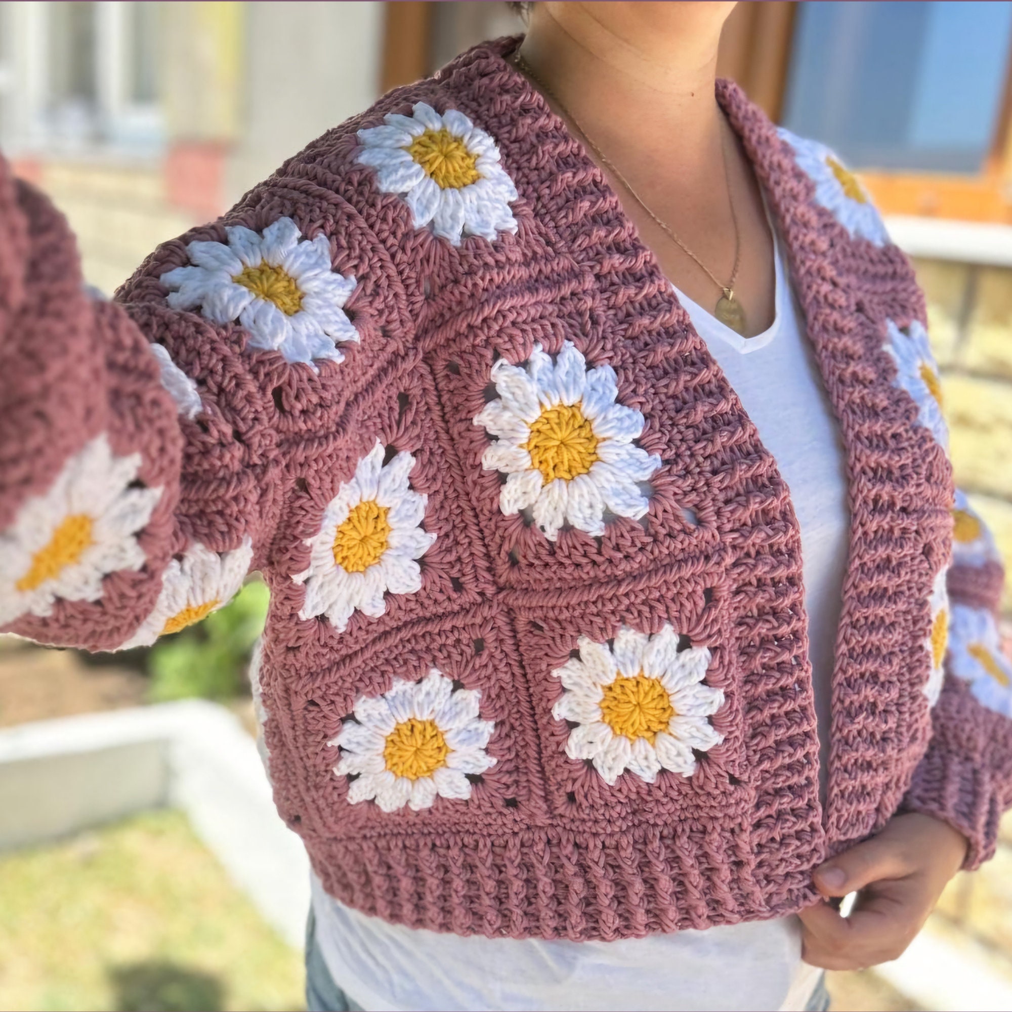 トップス howdy. flower crochet cardigan Handmade Rose Pink Crochet Cardigan: Boho Daisy Knit Sweater