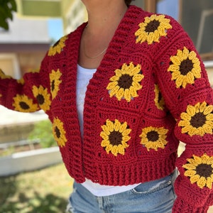 Handmade Raspberry Crochet Sunflower Cardigan – Boho Floral Sweater, Custom Size, Cozy Knitwear, Spring Fashion