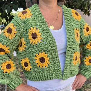 Handmade Crochet Sunflower Cardigan: Boho Green Floral Sweater
