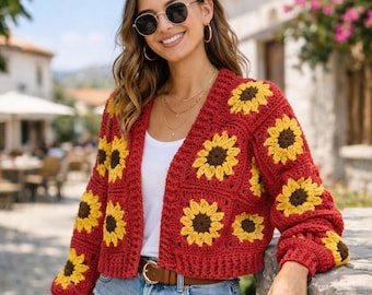 Crochet Cardigan, Boho Sunflower Sweater for spring, Raspberry