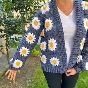 Handmade Crochet Daisy Flower Cardigan: Dusty Blue Boho Sweater