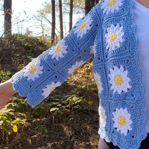 K&ouml;nnte beinhalten: Eine hellblaue geh&auml;kelte Strickjacke mit einem G&auml;nsebl&uuml;mchenmuster. Die Strickjacke hat lange &Auml;rmel und einen gewellten Saum.