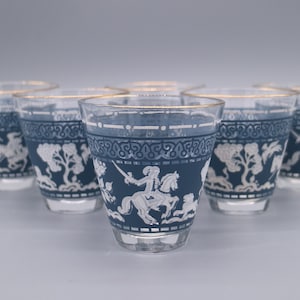 Jeanette Glass Wedgwood Style Grecian Blue Hellenic Horse Rider Lion Whiskey Glasses or Desert Cups (Set of 6)