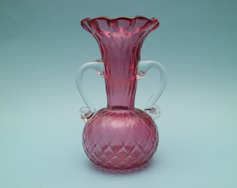 Cranberry Glass Hand Blown Double Handed Pitcher Collectible Glass - Flower Vase - Water Pitcher - Water Jug - Old Ruby Glass