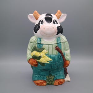 Vintage Adorable Farmer Cow In Overalls Cookie Jar 11”