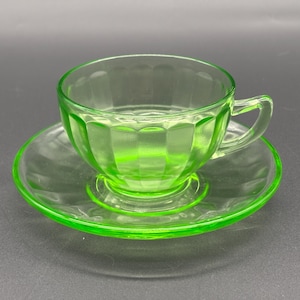 Vintage Federal Glass Hostess Green Depression Glass Teacup & Saucer | Uranium Glass