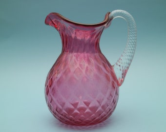 Cranberry Glass Hand Blown Quilted Diamond Pattern Pitcher Collectible Milk Jug - Flower Vase - Water Pitcher - Water Jug - Old Ruby Glass