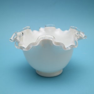 Fenton Silver Crest Footed Milk Glass Ruffled Bowl | Double Crimp