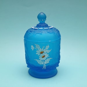 Vintage Westmoreland Blue Satin Glass Candy Dish With Lid Hand Painted 6 1/2"