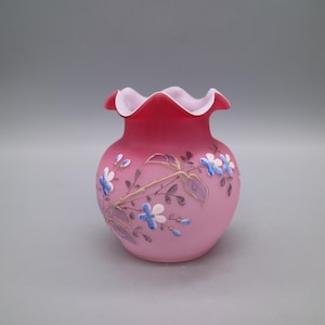 Victorian Style Pink Cased Glass Vase with Ruffled Rim and Enamel Floral Design – Hand Painted Satin Finish Vintage Art Glass Decor