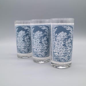 Jeanette Glass Wedgwood Style Grecian Blue Hellenic Horse Rider Lion Whiskey 5.5&quot; Water Drinking Glasses (Set of 3)