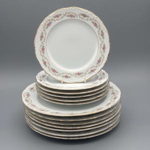 Può includere: Un set di piatti in porcellana bianca con bordo smerlato e un motivo floreale rosa, oro e grigio. I piatti hanno un bordo dorato e sono impilati. I piatti sono un set di stoviglie.