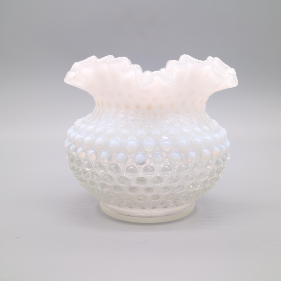 Fenton Art Glass White Opalescent Hobnail Ruffled Milk Glass Bowl Vase ...