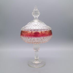 Indiana Glass Diamond Point Ruby Flash Pedestal Covered Candy Dish Compote | See Description