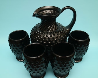 Vintage Tiara Hobnail Black Glass Pitcher Set of Four Glasses