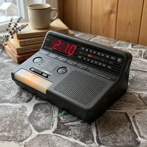 May include: A black GE clock radio displaying 2:10 in red digital numbers. The radio features buttons for alarm and radio settings. A beige mug and books are in the background. The radio has a speaker.