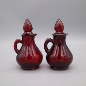 Vintage Avon Ruby Red Glass Cruets Pitcher Decanter Strawberry With Stopper (Set of 2)