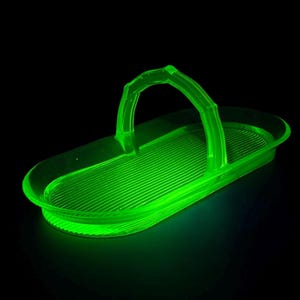 Vintage LE Smith Greensburg Glass Co. Green Uranium Glass Celery Tray, Handled Tray | Uranium Glass