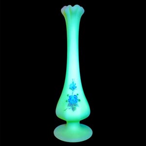 Fenton Yellow Satin Custard Glass Hand Painted Bud Vase Blue Satin Roses Signed | Fenton Art Glass | Uranium Glass
