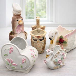 Vintage Ceramic Planter Collection | Fun Novelty Figurine Planters | Swan Boot Rooster Dutch Girl Angel | Cottagecore Retro Decor
