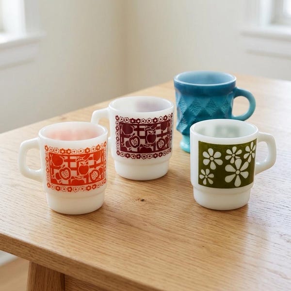 Vintage Fire King Milk Glass Stackable Mug | Choose Pattern | Kimberly Apple Daisy Retro MCM Kitchen