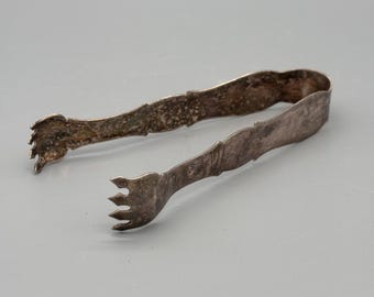 Antique Silverplate Sugar Tongs with Early Claw Fork Ends, Unmarked 19th Century Serving Utensil