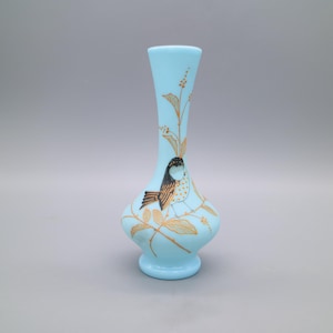 Antique Victorian Blue Bristol Glass Vase with Hand Painted Bird and Floral Design