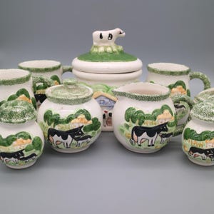 Vintage Cow Farm Ceramic Kitchen Set – Hand-Painted Country Decor - (4) Mugs, Sugar Bowl, Creamer, Cookie Jar, Salt & Pepper Shakers