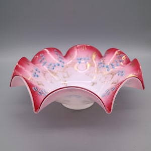 Antique Victorian Brides Basket Bowl Cranberry Pink White Cased Glass w/ Ruffles