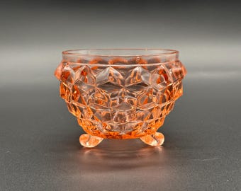 1930s Jeannette Glass Cube Cubist Pink Depression Bowl 3 Legged Powder Jar – Vintage Art Deco Collectible Glass