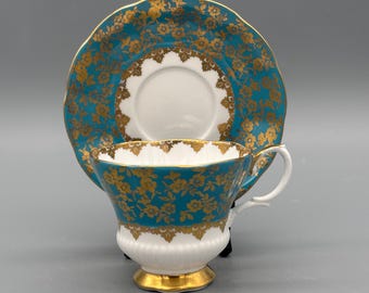 Vintage Royal Albert Filiżanka do herbaty i spodek Consort Series w kolorze turkusowo-złotym z porcelany kostnej