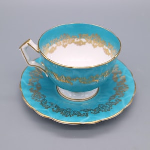 Vintage Aynsley &quot;1693&quot; Turquoise Teal Gold Tea Cup & Saucer Set | Turquoise Band, Gold Lattice Flowers
