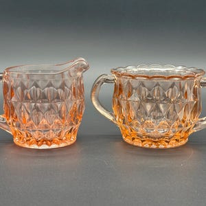 1930s Jeannette Glass Windsor Pink Depression Glass Creamer & Sugar Bowl Set – Vintage Art Deco Tableware Collectible