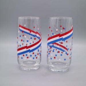 Libbey Vintage Red White Blue Stars Americana 6&quot; Tall Tumbler Set of 2 Glasses