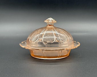 1930s Jeannette Glass Cherry Blossom Pink Depression Glass Butter Dish w/ Lid – Vintage Art Deco Collectible Kitchenware