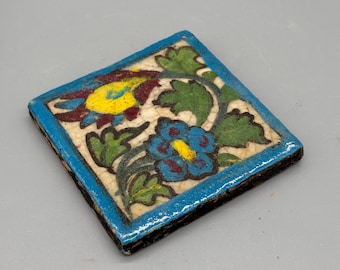 Antique Persian Qajar Cuerda Seca Tile, Hand Painted Floral Pottery, 19th Century Style