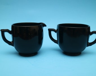 Vintage Black Amethyst Style Glass Creamer and Sugar Bowl