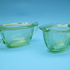 Vintage Green Uranium Depression Glass Set, Creamer, Sugar Bowl, Princess Pattern (2 pcs) by Anchor Hocking