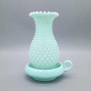 Rare Vintage Fenton Turquoise Glass Hobnail Hurricane Lamp (Complete)