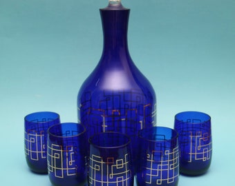 Vintage Cobalt Blue Glass Decanter Set 5 Glasses, Cobalt Blue Glass Carafe Liquor, Vodka, Cognac Decanter, Vintage Glass, Gift Idea